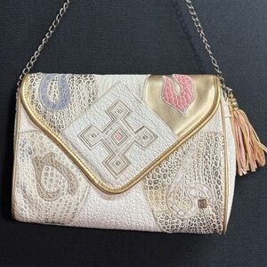 Vintage 80s NAS BAG Embroidered Faux Leather Croc Chain Shoulder Purse w/ Tassel